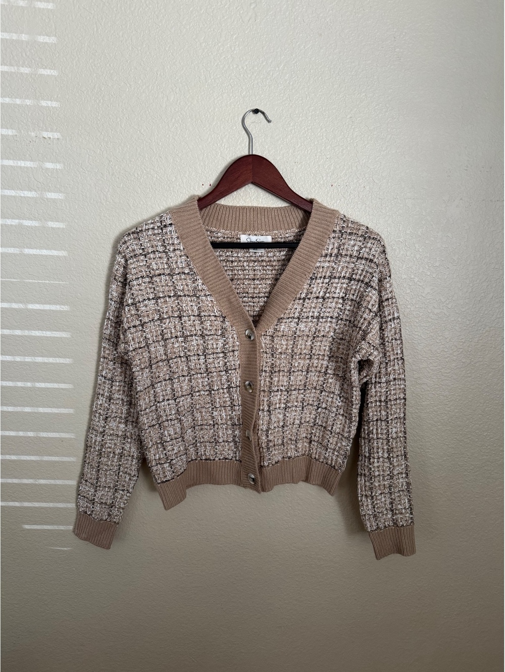 Beige Textured Knit Cropped Cardigan Button Front Neutral Sweater